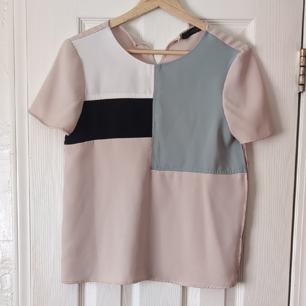 Zara Blush, Slate Blue & Black Colorblock Short Sleeve Top